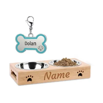 Comedero y placa personalizados con nombre perro grabado
