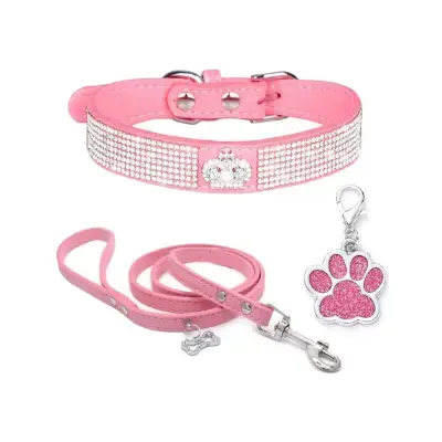 halwsuno Collar perro terciopelo rosa con diamantes con correa y llavero