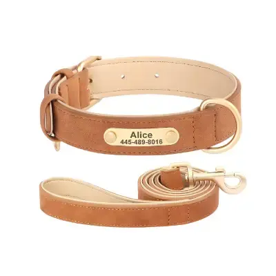 SEOUGEE Juego collar y correa de cuero perro placa de nombre grabada